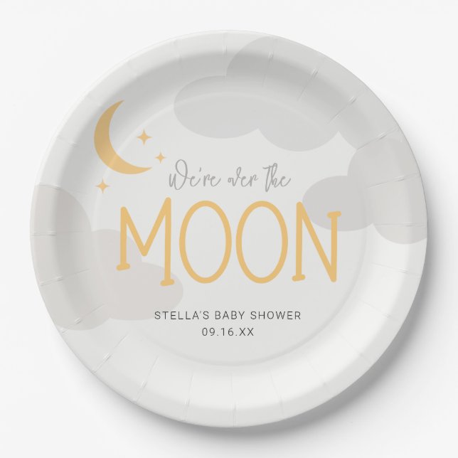Modern über der Mond Babydusche Pappteller (Vorderseite)