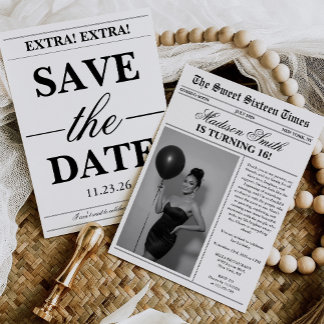 Modern Unique Newspaper Photo Sweet 16 Einladung