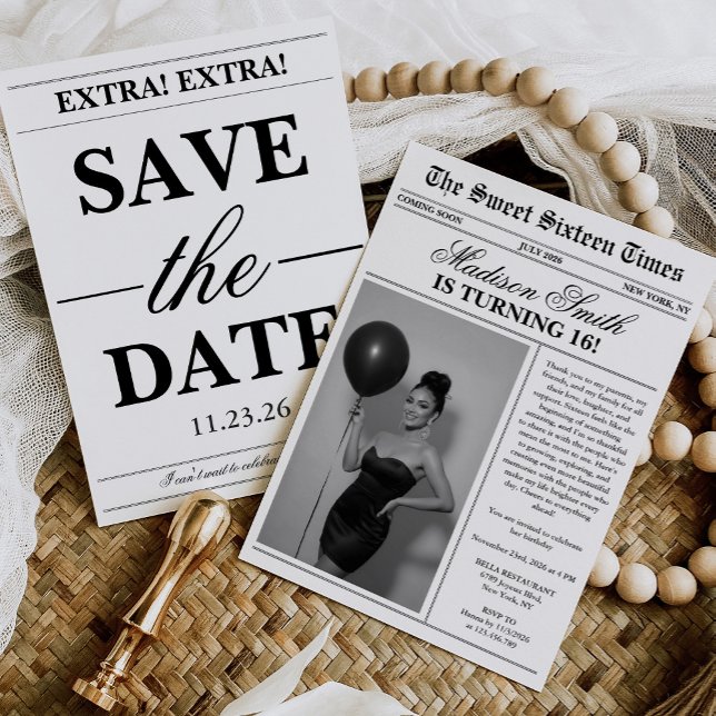 Modern Unique Newspaper Photo Sweet 16 Einladung (Von Creator hochgeladen)