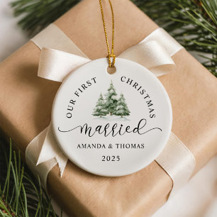 Modern Unser erstes Weihnachten verheiratet Foto Keramik Ornament