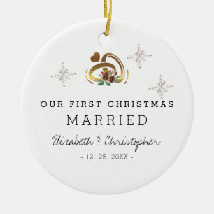 Modern Unser erstes Weihnachten verheiratetes Foto Keramik Ornament