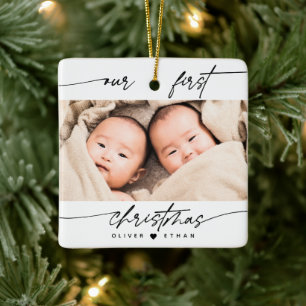Modern Unser erstes Weihnachtsfoto Neue Eltern Zwi Keramikornament
