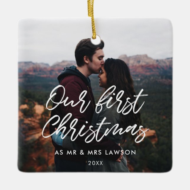 Modern Unser erstes Weihnachtspaar Foto Keramikornament (Vorderseite)