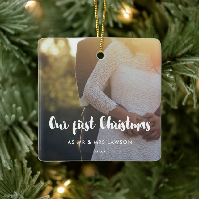 Modern Unser erstes Weihnachtspaar Foto Keramikornament (Baum)