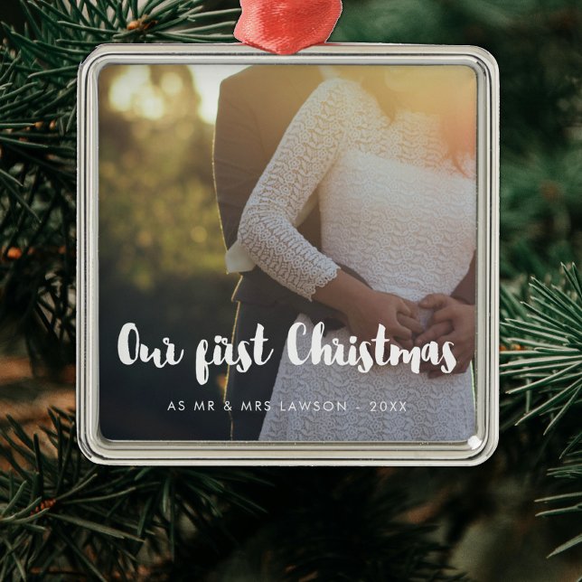 Modern Unser erstes Weihnachtspaar Foto Ornament Aus Metall (Von Creator hochgeladen)
