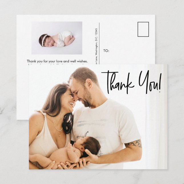 Modern Vielen Dank, Script Baby Girl Fotos Ankündigungspostkarte (Vorne/Hinten)