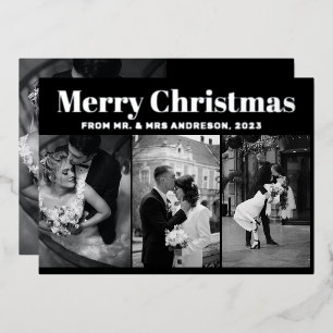 Modern Vier Foto Schwarz & Weiß Frohe Weihnachten Folien Feiertagskarte