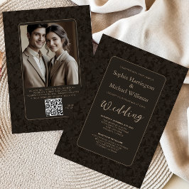 Modern Vintage Black Brown Wedding Invite QR Code Einladung