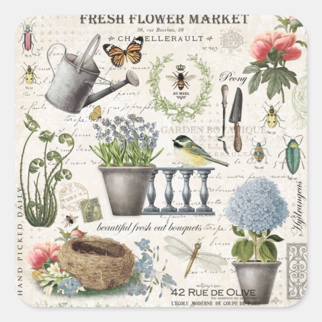 Modern Vintage french farmhouse flower garden Quadratischer Aufkleber (Vorderseite)