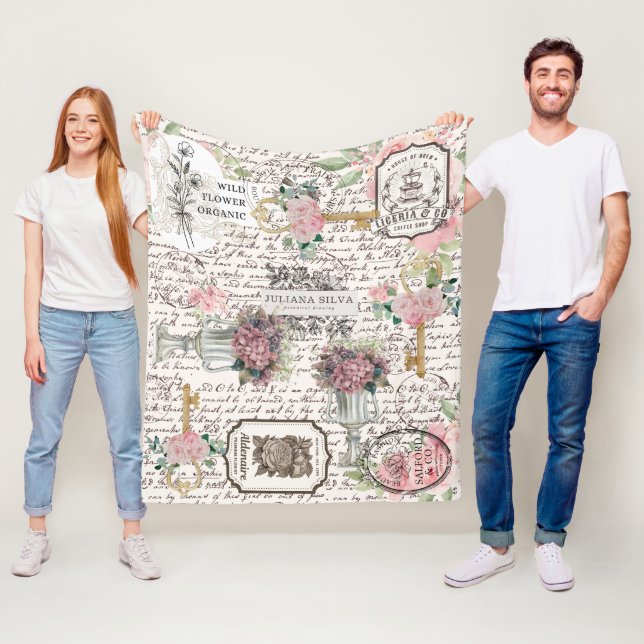 Modern vintage Frenchy motive Floral Script  Fleecedecke (Beispiel)