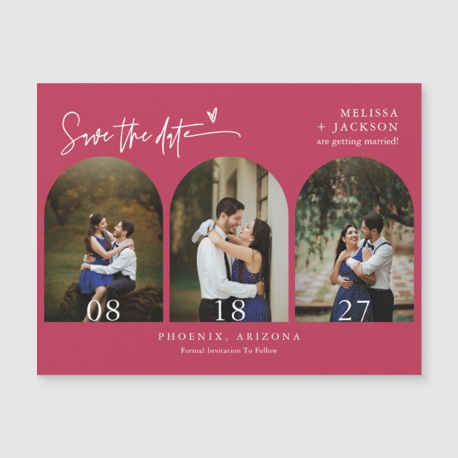 Modern Viva Magenta Save the Date Tri Arch Foto Magnetkarte (Vorderseite)