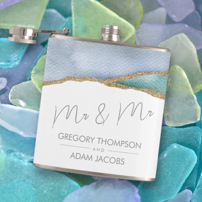 Modern Watercolor Aquamarin Dusty Blue Mr. Wedding Flachmann (Von Creator hochgeladen)
