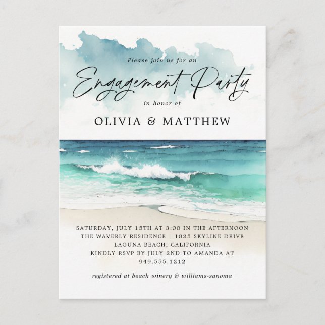 Modern Watercolor Beach Engagement Party Inquisiti Postkarte (Vorderseite)