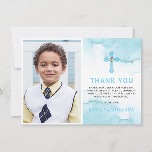 Modern Watercolor Blue BOY Heilige Kommune Dankeskarte (Vorderseite)