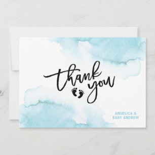 Modern Watercolor Blue BOY Oh BOY Baby Shower als Dankeskarte