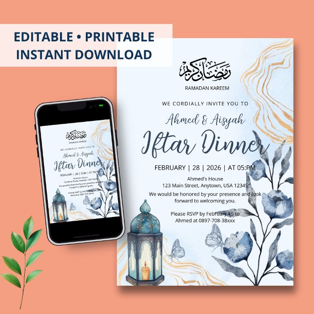 Modern Watercolor Blue Floral & Gold Iftar Dinner Einladung (Von Creator hochgeladen)