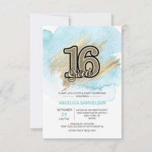 Modern Watercolor Blue Gold Sweet 16 Sechzehn Einladung