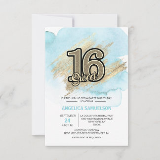 Modern Watercolor Blue Gold Sweet 16 Sechzehn Einladung