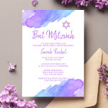 Modern Watercolor Blue Star David Bat Mitzvah #LC Einladung<br><div class="desc">— #LC Kollektion — Einzigartige und moderne Aquarellbilder religiöser jüdischer Bat Mitzvah-Einladungen im Alter von 12 Jahren. Das schöne Design mit hellen violetten,  lila,  blauen Farben und Star of David. Vorlagenkarten - Einfach Ihren Text hinzufügen. Die Rückseite der Karte hat Mädchen / Tochter vollen Namen.</div>