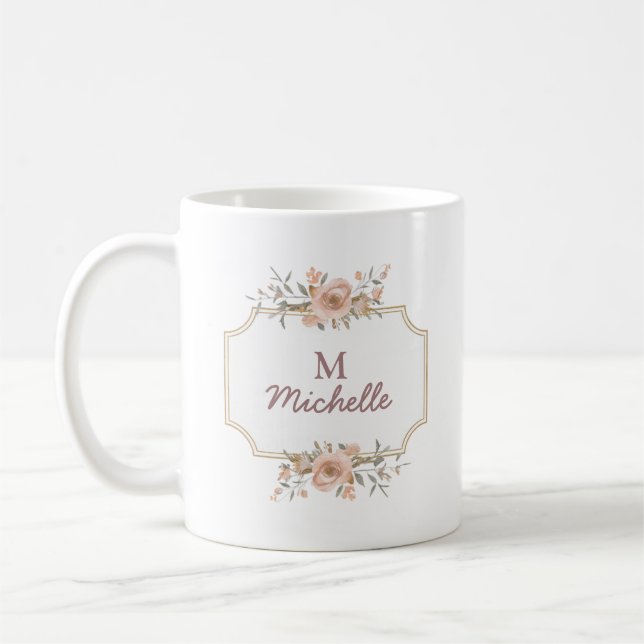 Modern Watercolor-Blume Monogram-Skriptname Kaffeetasse (Links)