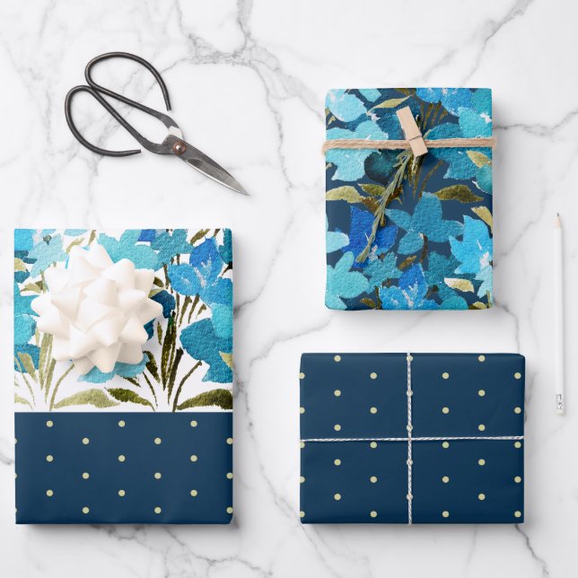 Modern Watercolor Boho Blue Flural Handgemalt Geschenkpapier Set (Vorderseite)