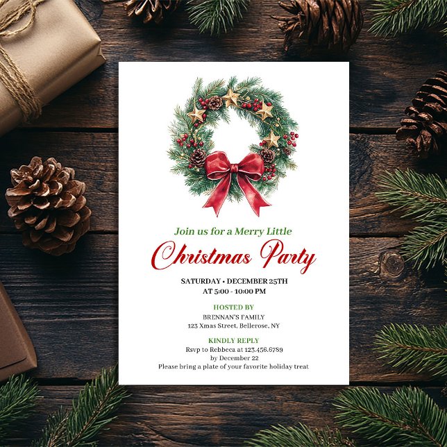 Modern Watercolor Christmas Wreath Party Card Einladung (Modern Watercolor Christmas Wreath Party Card)