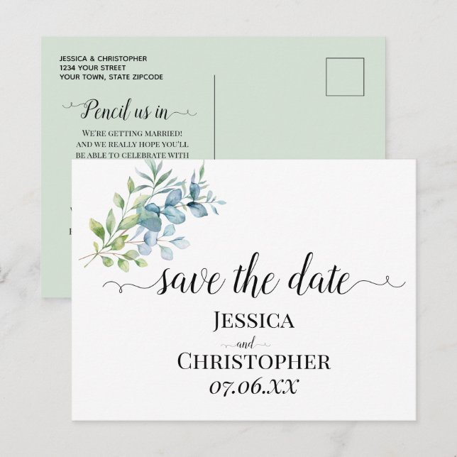 Modern Watercolor Eucalyptus Greenery Wedding Ankündigungspostkarte (Vorne/Hinten)