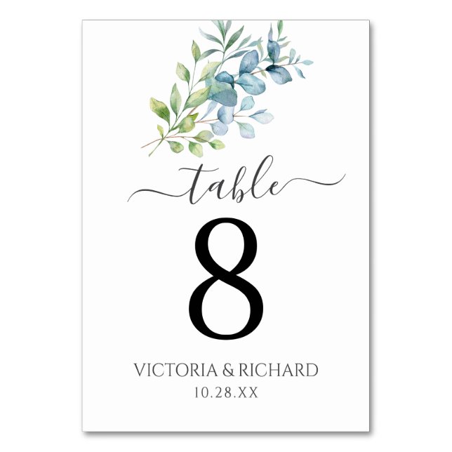 Modern Watercolor Eucalyptus Greenery Wedding Tischnummer (Vorderseite)