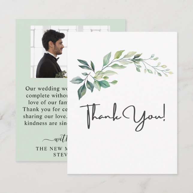 Modern Watercolor Eucalyptus Leaves Greenery Dankeskarte (Vorne/Hinten)