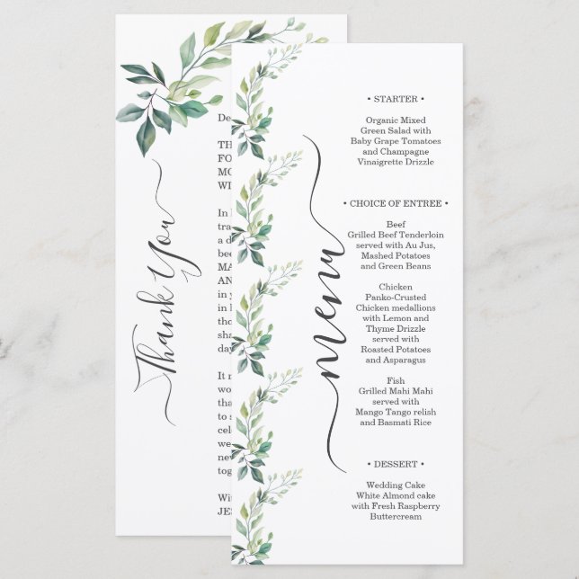 Modern Watercolor Eucalyptus Leaves Greenery Menükarte (Vorne/Hinten)