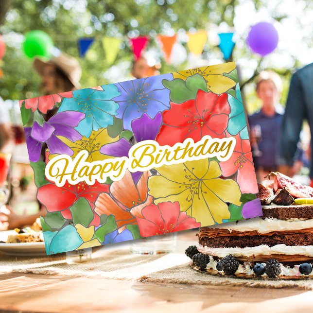 Modern Watercolor Floral Gold Happy Birthday Karte (Von Creator hochgeladen)