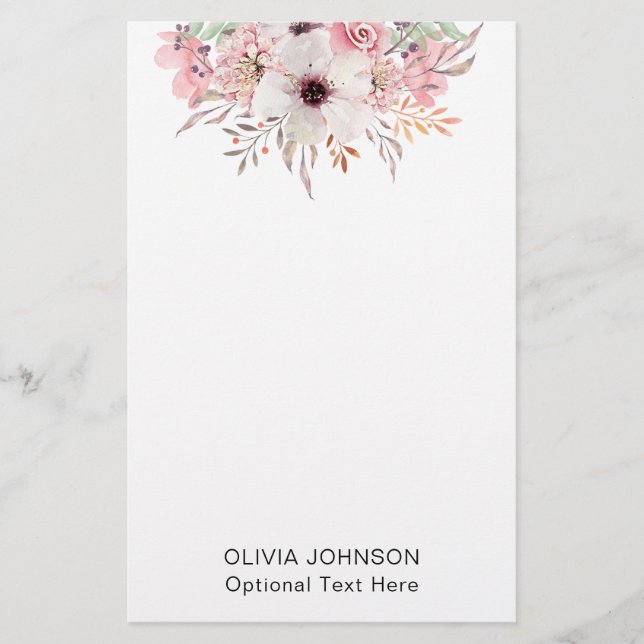 Modern Watercolor Floral Monogram Name Briefpapier (Vorderseite)