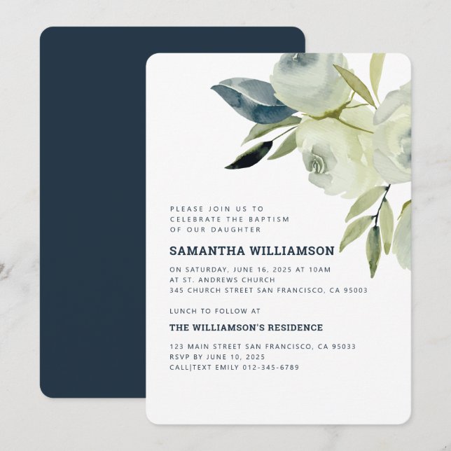 Modern Watercolor Floral Taufe Einladung (Vorne/Hinten)