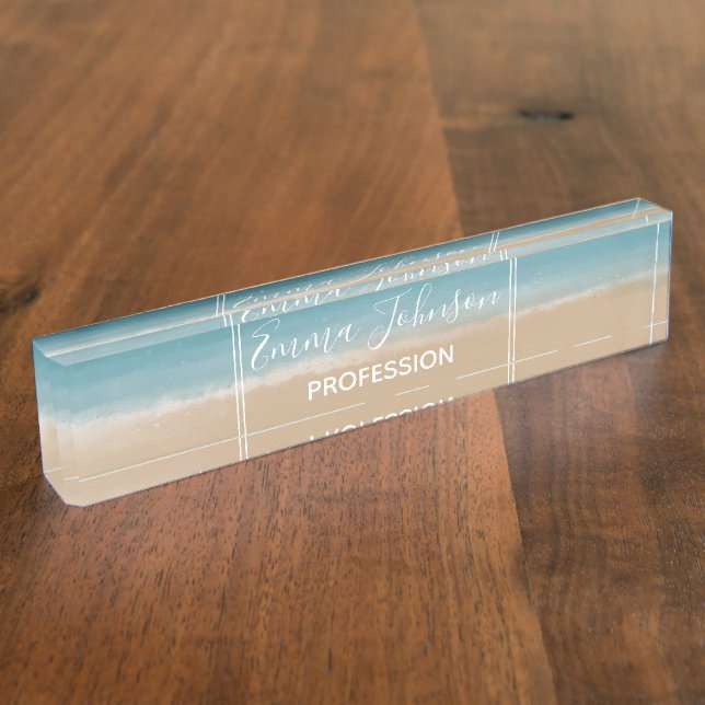 Modern Watercolor Gold Blue Beach Namensplakette (Seite)