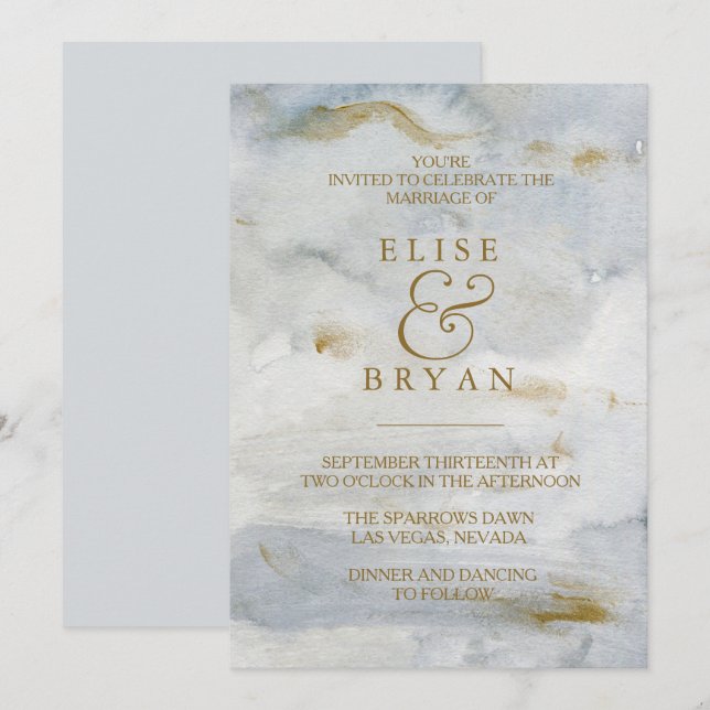 Modern Watercolor Gold Blue Marble Wedite Einladung (Vorne/Hinten)