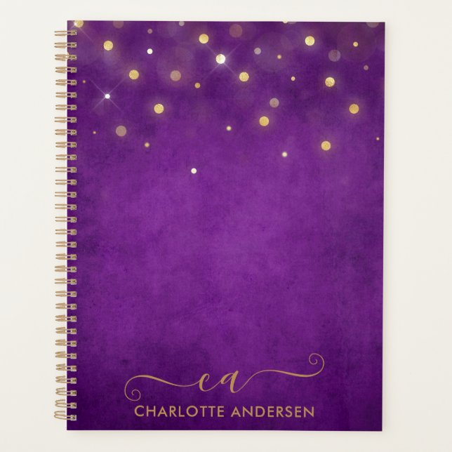 Modern Watercolor Gold Bokeh Glitzer Mit Monogramm Planer (Vorderseite)