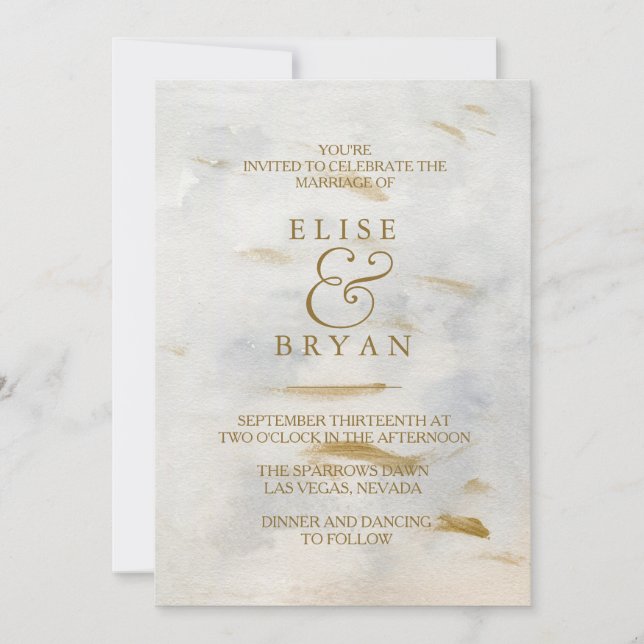 Modern Watercolor Gold Weißer Marmor Hochzeit einl Einladung (Vorderseite)