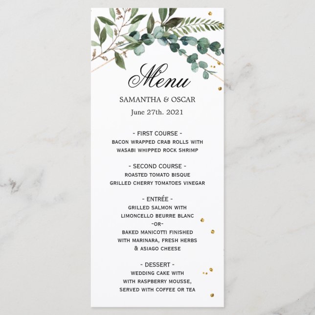 Modern Watercolor Greenerie Eucalyptus Gold Frame  Menükarte (Vorderseite)
