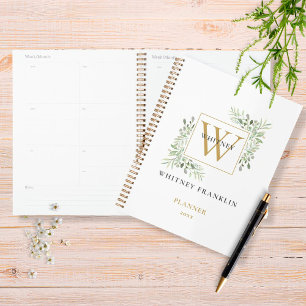 Modern Watercolor Greenery Gold Monogram 2023 Planer