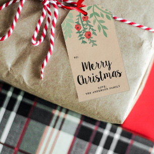 Modern Watercolor Holly Frohe Weihnachten Geschenkanhänger