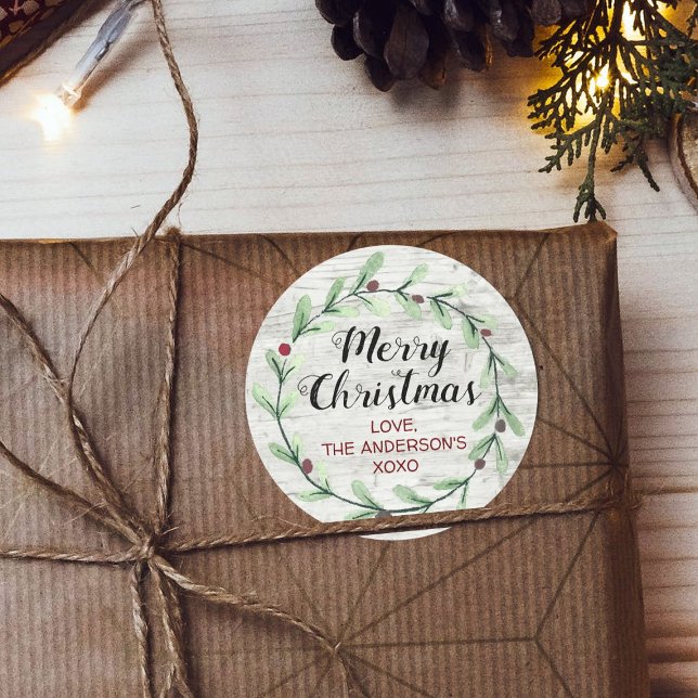 Modern Watercolor Holly Wreath Weihnachten Runder Aufkleber (Von Creator hochgeladen)