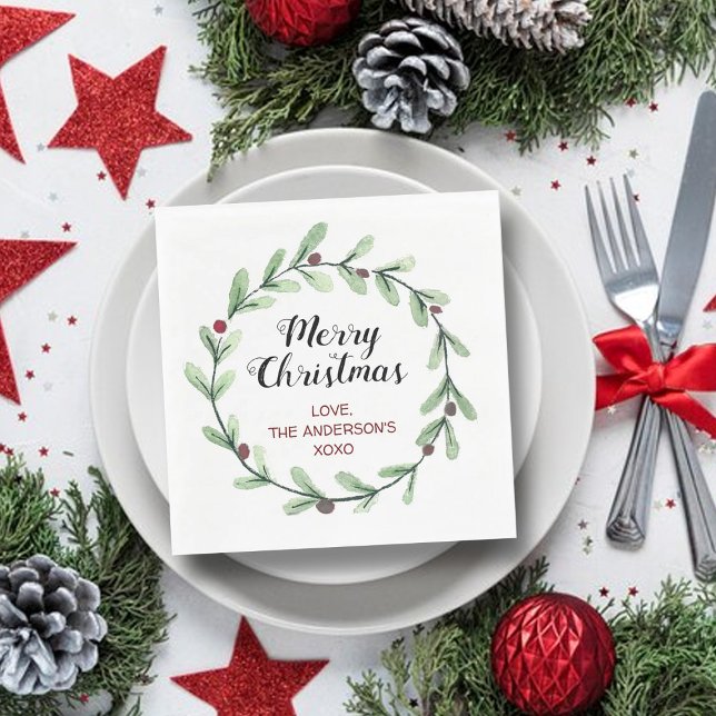 Modern Watercolor Holly Wreath Weihnachten Serviette (Von Creator hochgeladen)