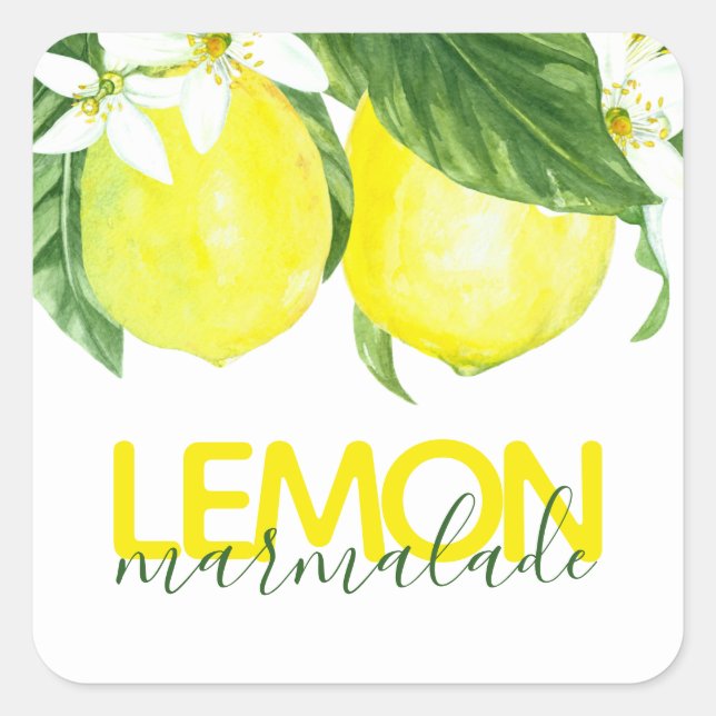Modern Watercolor Lemon Marmalade Canning Jar Quadratischer Aufkleber (Vorderseite)
