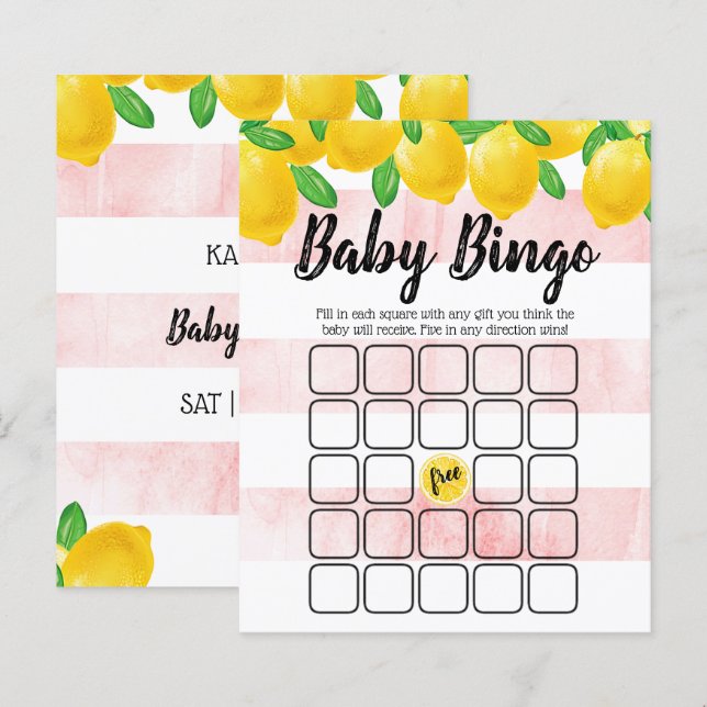 Modern Watercolor Lemon Tree Baby Dusche Bingo (Vorne/Hinten)