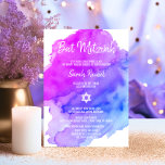 Modern Watercolor Lila Blue Star BAT MITZVAH Einladung<br><div class="desc">Schöne religiöse jüdische Bat Mitzvah Einladungskarten. Helle Aquarellpastellfarben lila,  violett,  blau,  türkisblau mit David-Stern in Weiß. Moderne Drehbücher. 'Wird an die TORAH als Bar Mitzvah gerufen'. Perfekt für 12-jährige Tochter,  Mädchen. Einfach zu bearbeiten - einfach Ihre Informationen / Text hinzufügen.</div>