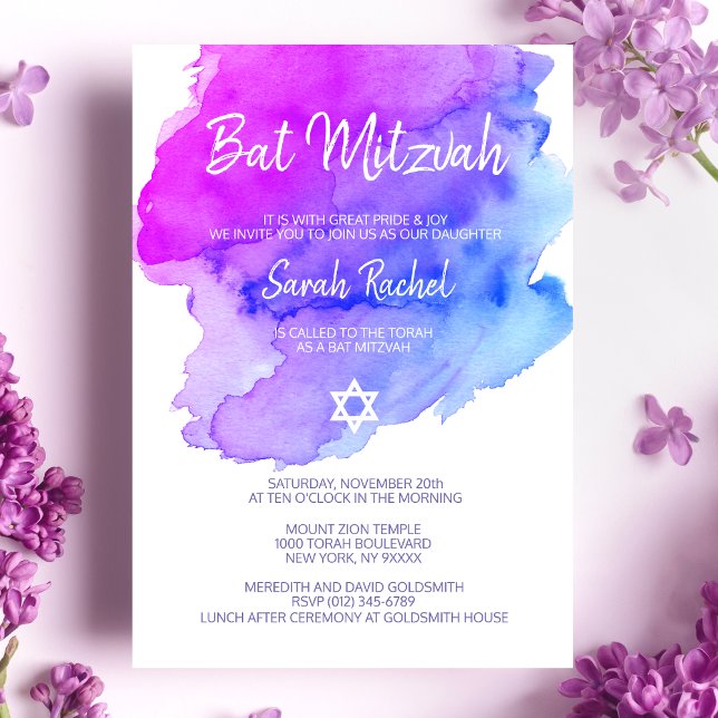 Modern Watercolor Lila Blue Star BAT MITZVAH Einladung (Von Creator hochgeladen)