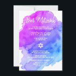 Modern Watercolor Lila Blue Star BAT MITZVAH Inv. Einladung<br><div class="desc">Schöne religiöse jüdische Bat Mitzvah Einladungskarten.  lila,  violette,  blaue,  türkisfarbene,  helle Aquarellpastellfarben mit David-Stern in Weiß.  Moderne Schriftzeichen. "Wird als Bar Mitzvah an die TORAH gerufen". Ideal für 12-jährige Tochter,  Mädchen. Einfach zu bearbeiten - einfach Ihre Informationen / Text hinzufügen.</div>