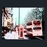 Modern Watercolor London Street Scene Pop Art Poster<br><div class="desc">Eine coole farbenfrohe Aquarellkunst-Adaption eines Fotos, das eine alltägliche Straßenszene in der Stadt London England Großbritannien zeigt. Das Foto ist mit einer ikonischen Telefonbox und Doppeldeckerbus ausgestattet. Die Farben sind in sanften Pastelltönen Blau, Grün, Orange, Gelb, Rosa und Rot gehalten.</div>