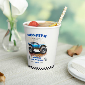 Modern Watercolor Monster Truck Blue Boy Birthday  Pappbecher