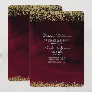 Modern Watercolor Moody Maroon & Gold Wedding Einladung